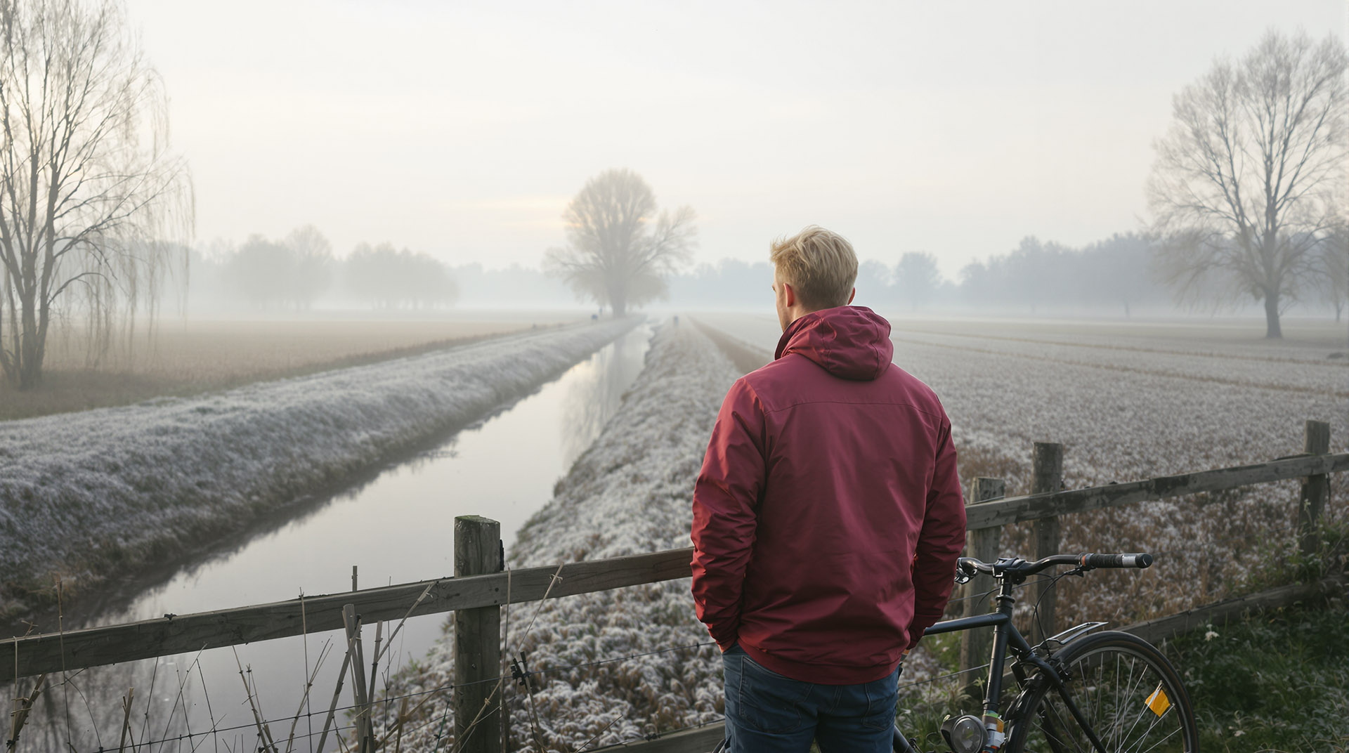 Man in rode jas kijkt over de Nederlandse polder – symbool voor reflectie en toekomstvisie